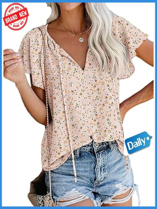 Tops - Women's Boho Floral V-Neck Short Sleeve Blouse, Lightweight Polyester Summer Top